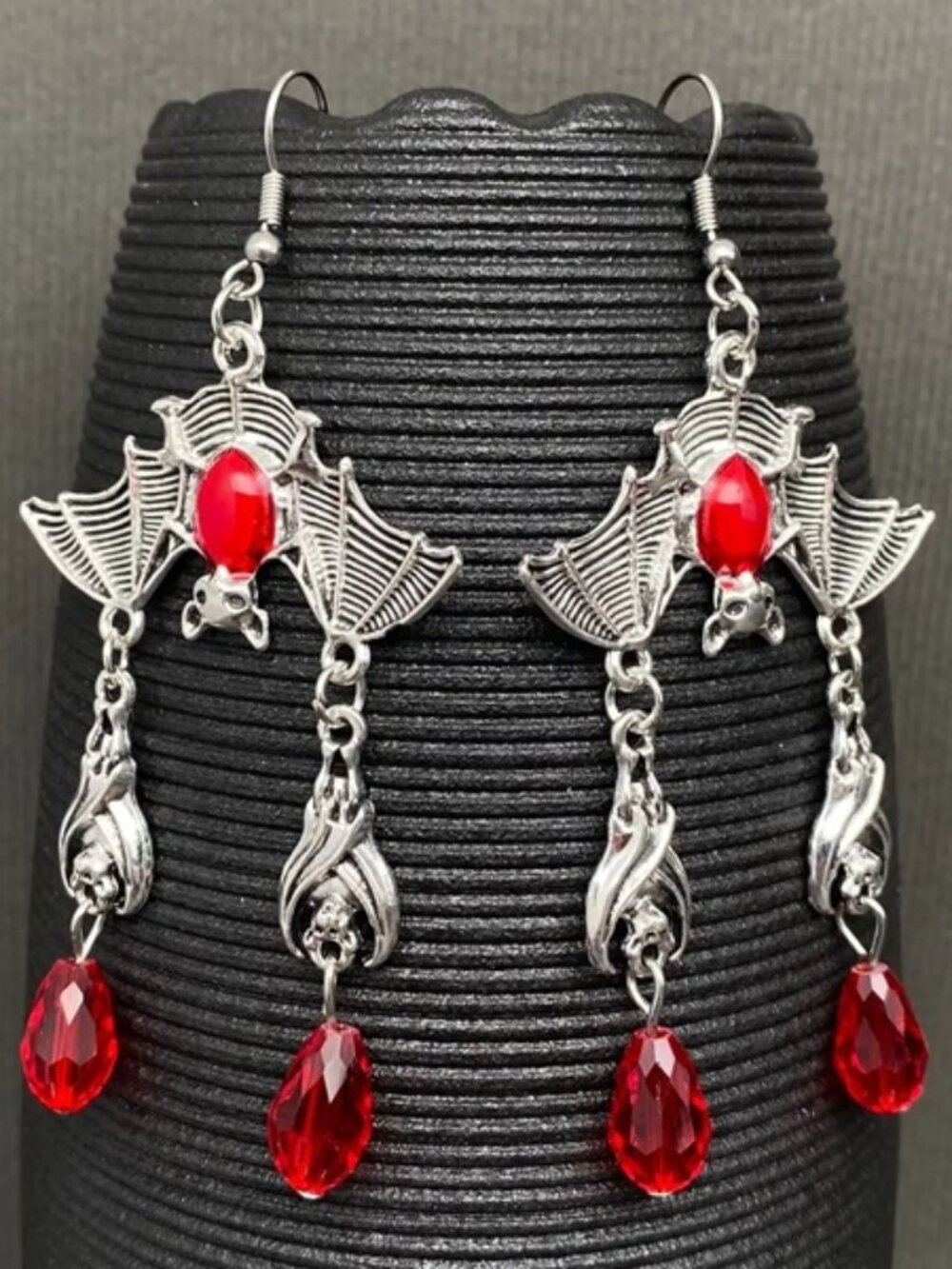 DESIGNER Retro Goth Bat Vampire Silver Blood Red Beads Dangle Earrings**NEW!
